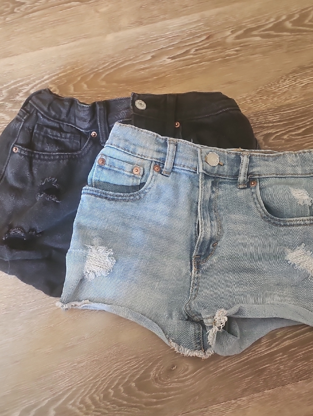 Denim and Black Distressed High-Rise Shorts Duo - Light Blue & Black